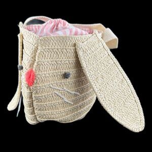 MeriMeri Straw Bunny Purse Cotton Lining Draw Sting Closure12"L x 6.5"H x 5"W